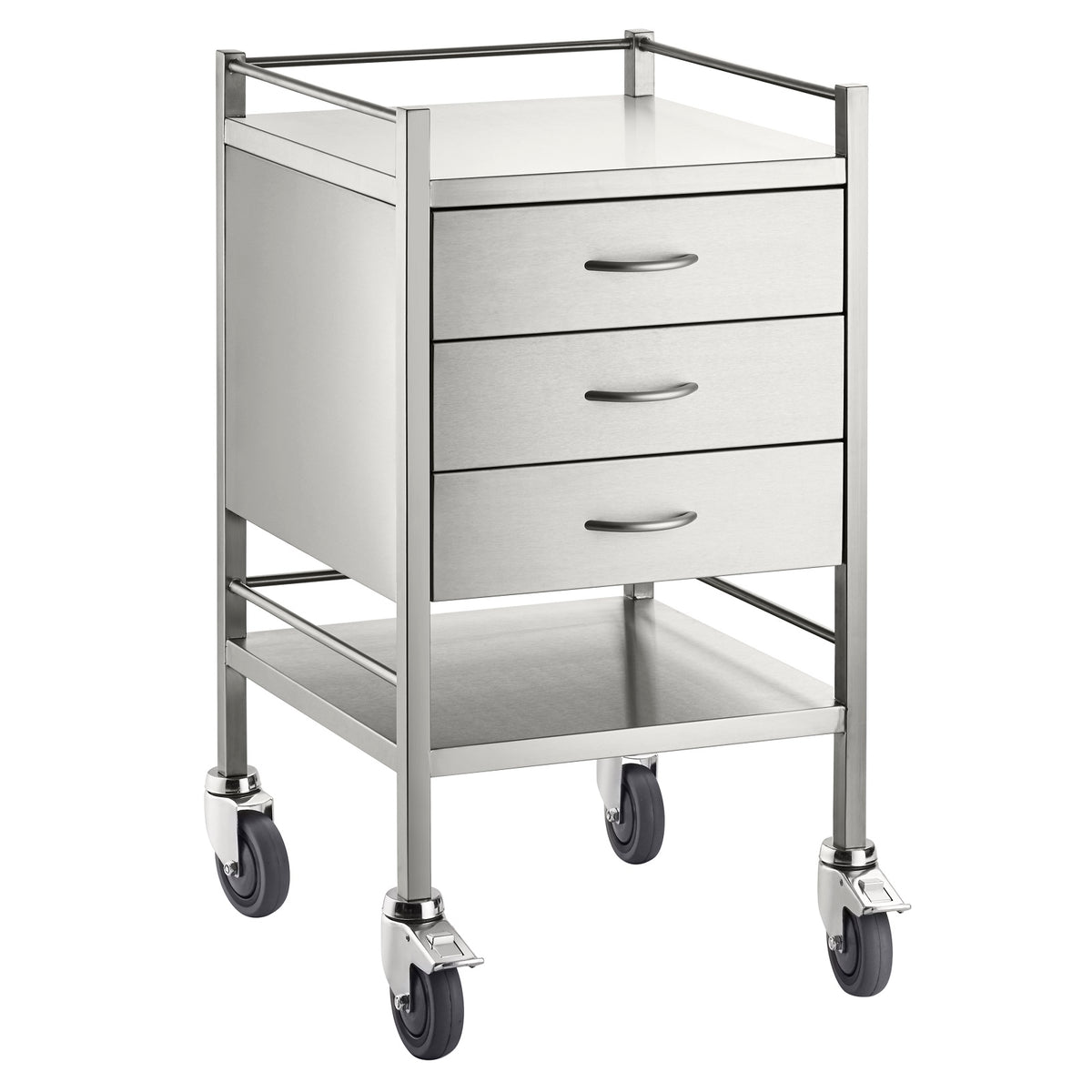 Stainless Steel Trolley Three Drawer (SST03) front angled view, 304 stainless steel with three drawers, bottom shelf and rails on three sides