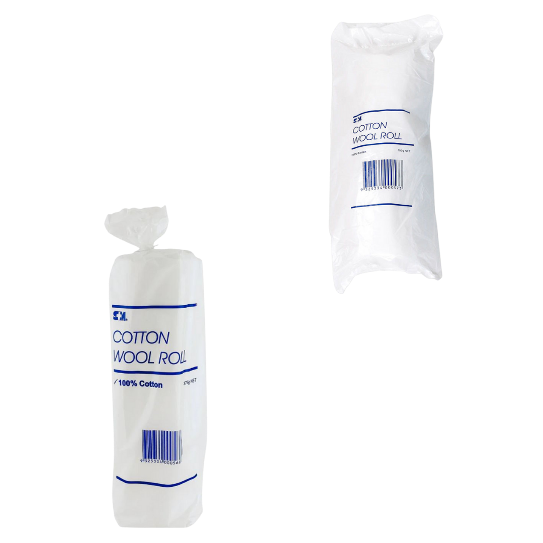 S+M Cotton Wool Roll packs showing 500g and 375g variants, 100% cotton, in clear plastic packaging with blue text.

