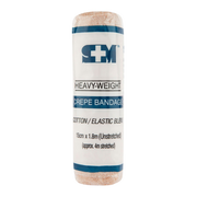 Heavy-weight crepe bandage with cotton/elastic blend, size 15cm x 1.8m (unstretched), approx. 4m stretched. Perfect for large-area support and dressing.
