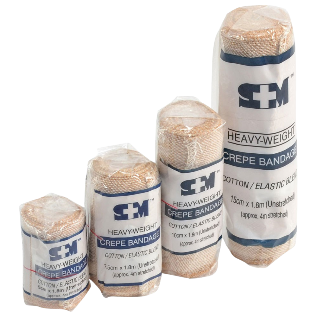 Heavy-weight crepe bandage with cotton/elastic blend, size 15cm x 1.8m (unstretched), approx. 4m stretched. Perfect for large-area support and dressing.
