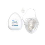 S+M CPR Mask with Oxygen Port – clear emergency resuscitation mask with one-way valve and oxygen inlet, includes protective case for safe storage and transport.