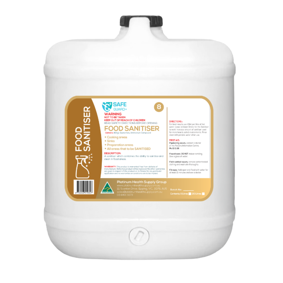 Bottle of SafeGuard+ Food Sanitiser, designed for disinfecting food-contact surfaces with a non-toxic, no-rinse formula for safe use in kitchens and commercial food prep areas.