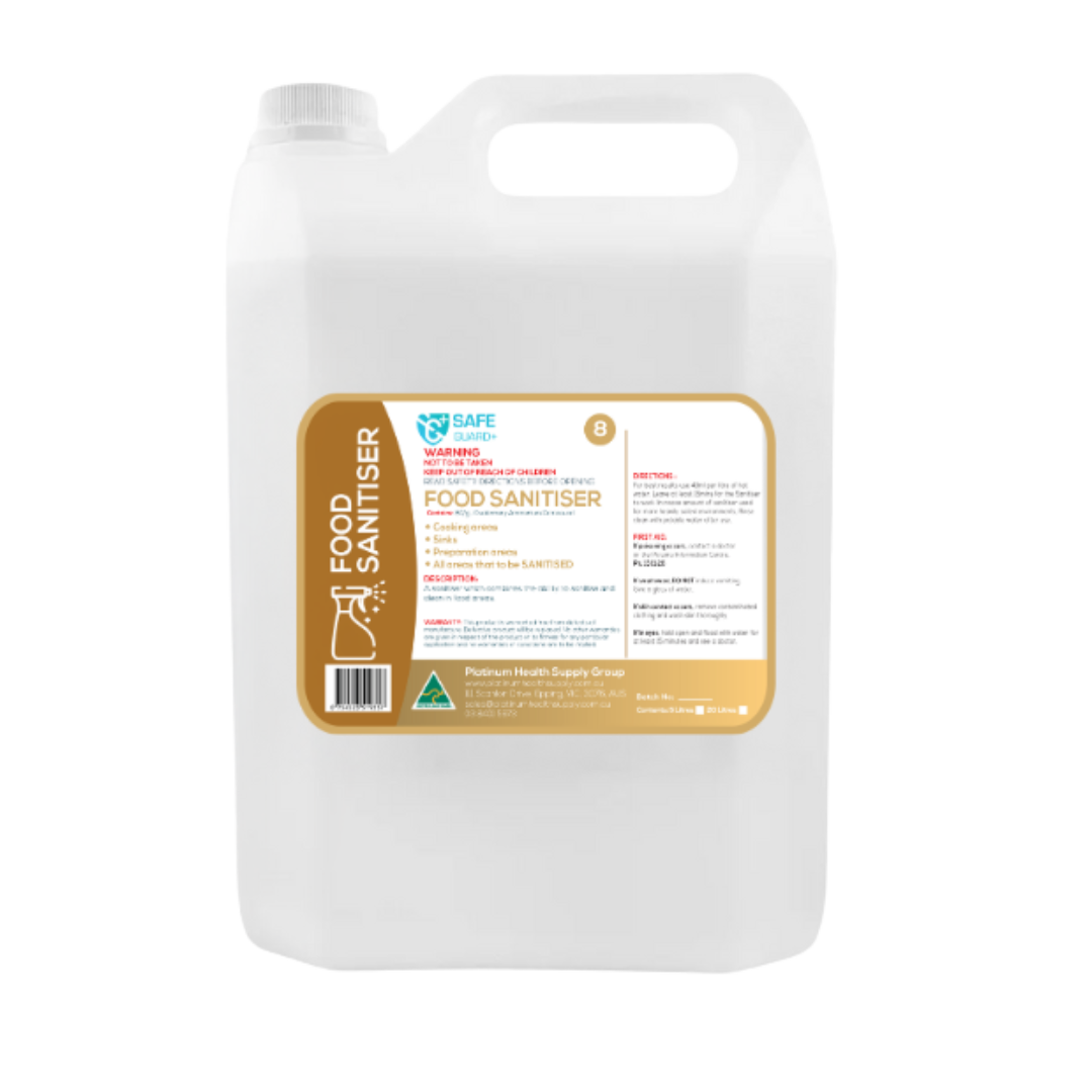 Bottle of SafeGuard+ Food Sanitiser, designed for disinfecting food-contact surfaces with a non-toxic, no-rinse formula for safe use in kitchens and commercial food prep areas.