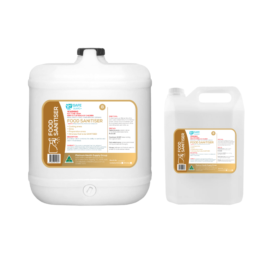 Bottle of SafeGuard+ Food Sanitiser, designed for disinfecting food-contact surfaces with a non-toxic, no-rinse formula for safe use in kitchens and commercial food prep areas.