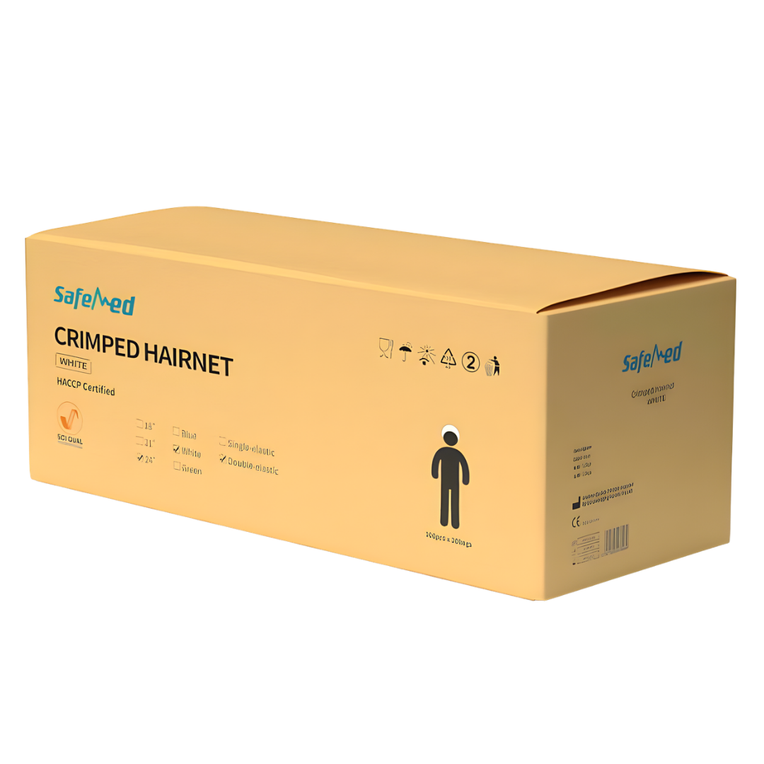 Safemed 24-inch crimped disposable hairnet providing secure, lightweight head coverage for hygiene control in healthcare, food service, and workplace settings.