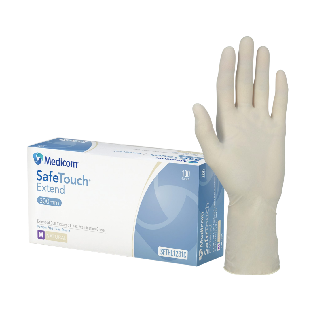 Safetouch Extend Extended Cuff Latex Examination Gloves box.