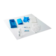 Unpacked Sage Sterile Catheter Pack (#6) components displayed on an open white sterile field wrap, featuring a blue plastic compartment tray, blue sterile field drape, blue examination gloves, gauze swabs, lubricant, syringe, and accessory items on a transparent background.