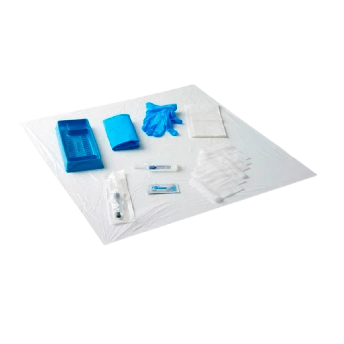 Unpacked Sage Sterile Catheter Pack (#6) components displayed on an open white sterile field wrap, featuring a blue plastic compartment tray, blue sterile field drape, blue examination gloves, gauze swabs, lubricant, syringe, and accessory items on a transparent background.