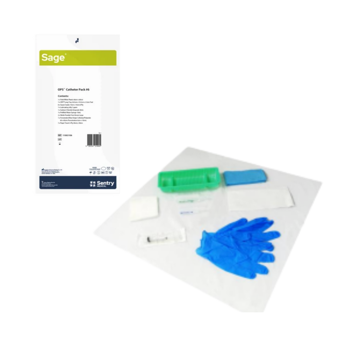 Sage Sterile Catheter Pack (#6) by Sentry Medical displayed on a transparent background, showing its printed outer packaging pouch alongside the laid-out contents including a green plastic tray, blue gloves, swabs, and accessories on a white sterile wrap.