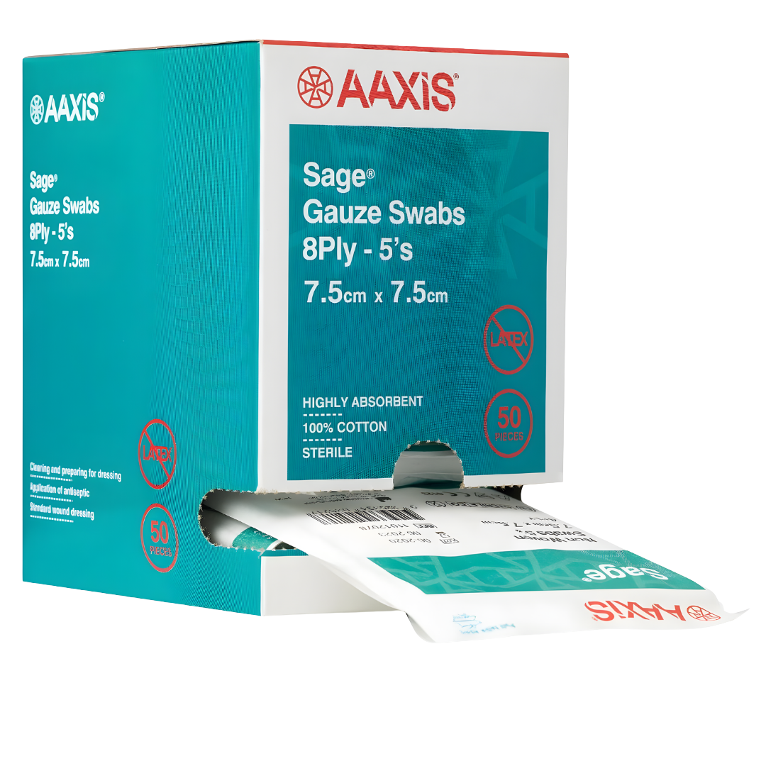 Sage Gauze Swabs 8ply Sterile cotton swabs for wound care, absorbency, and protection.
