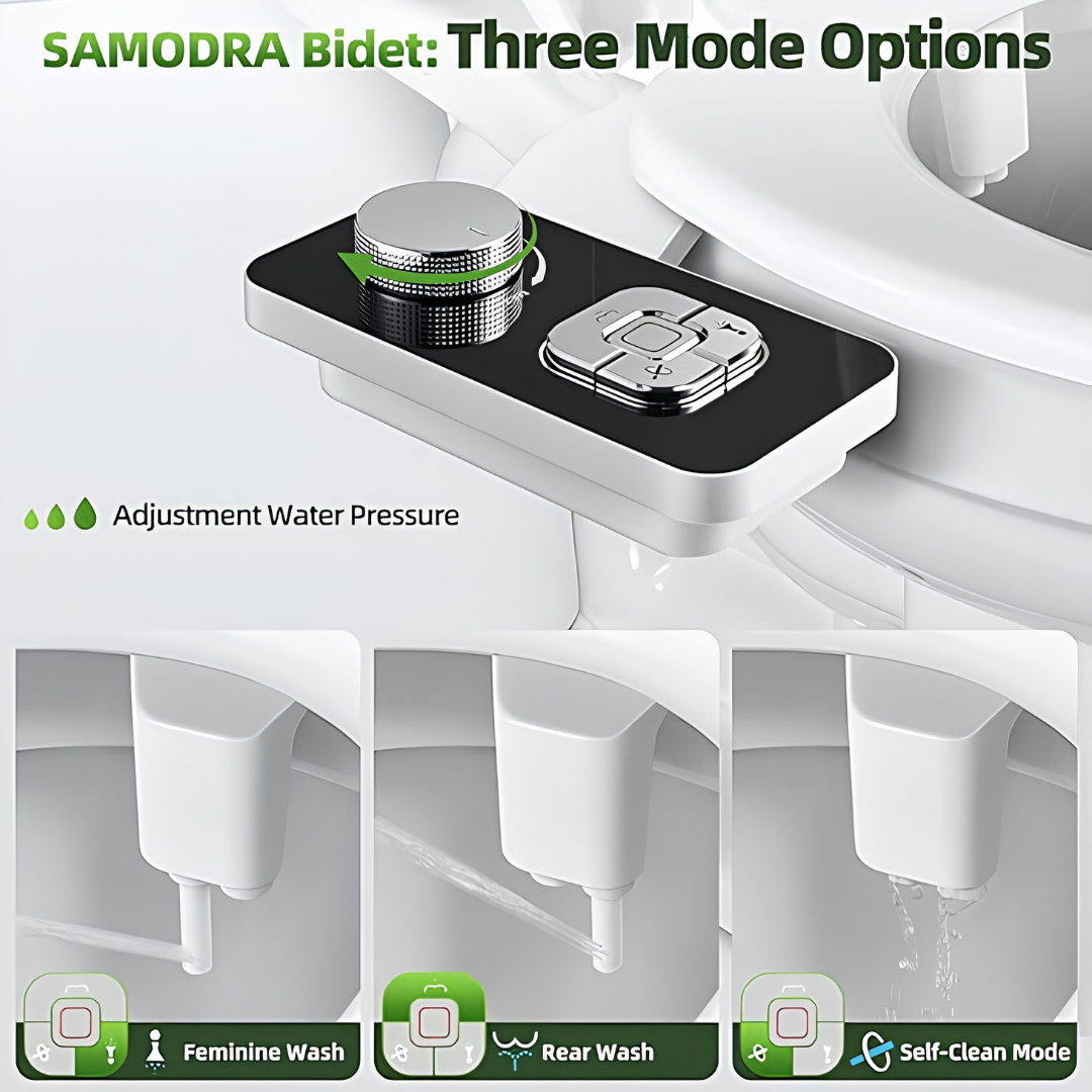 Samodra Bidet Attachment offers eco-friendly hygiene with adjustable water pressure, available in Black, White, and Brushed Nickel finishes for modern bathrooms.