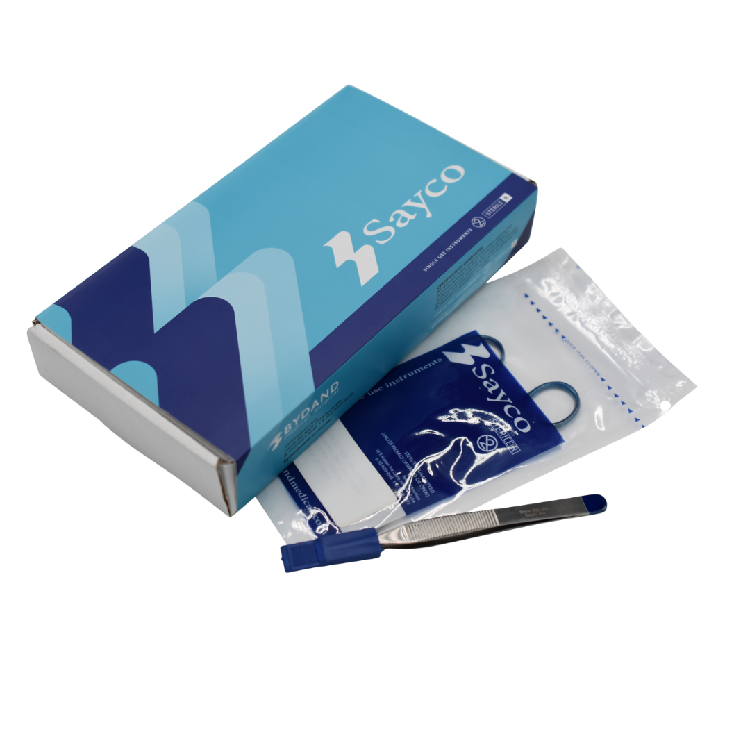 A Sayco-branded surgical instrument packaging set, featuring a blue and white box with the Sayco logo, a sealed sterile pouch, and a stainless steel instrument with a blue protective cap. The packaging emphasizes hygiene and single-use medical tools.
