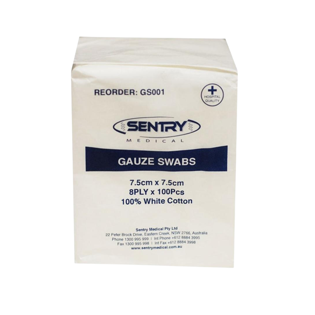 Sentry Medical gauze swabs, size 7.5cm x 7.5cm, 8-ply, 100 pieces per pack. Made from 100% white cotton for safe wound care.
