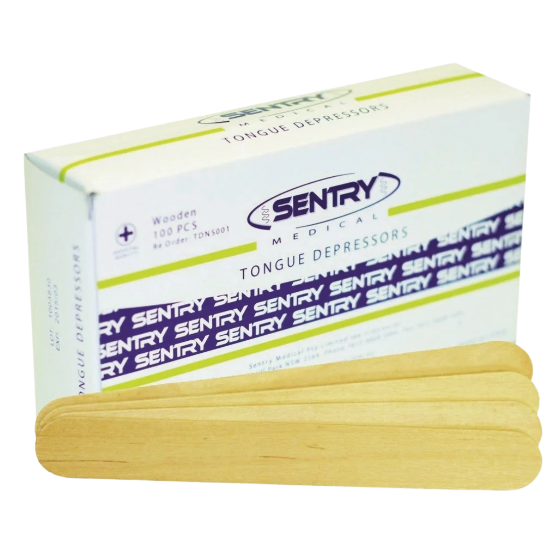 Box of Sentry Tongue Depressors made from smooth, medical-grade wood, designed for single-use oral exams in clinical and general practice settings.