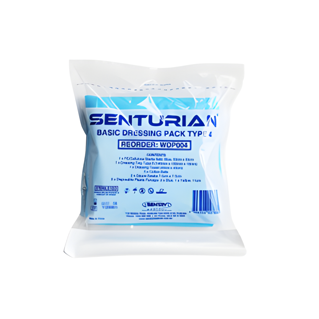 Senturian Basic Dressing Pack (Peel) with sterile wound care components in peel-open packaging, designed for hospitals, aged care, and home healthcare use.