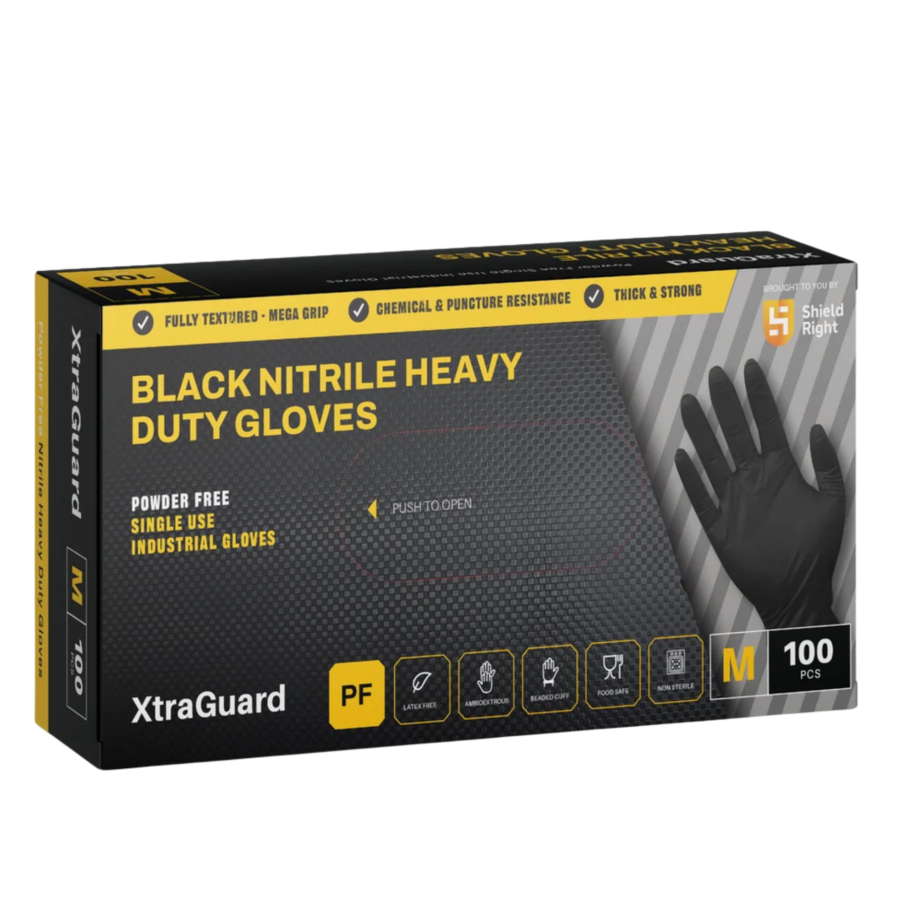 Retail box for Shield Right XtraGuard Black Nitrile Heavy Duty Industrial Gloves, featuring key callouts like powder-free, fully textured mega grip, chemical and puncture resistance, size medium, and a 100-count box layout on a transparent background.