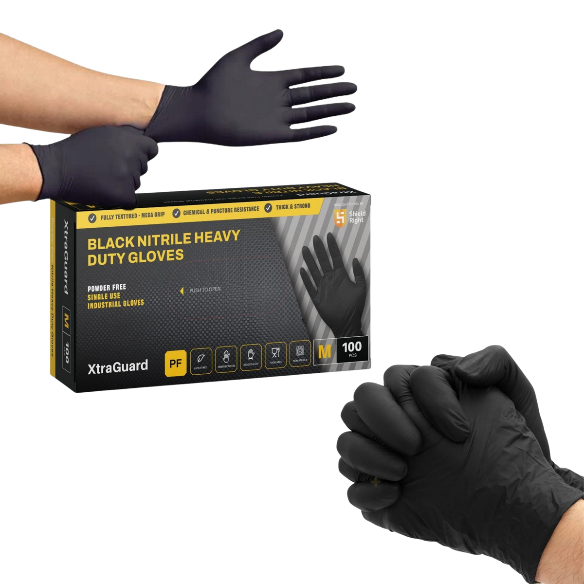 Product collage showing a retail box for Shield Right XtraGuard Black Nitrile Heavy Duty Industrial Gloves alongside hands wearing the fully textured black nitrile gloves on a transparent background.
