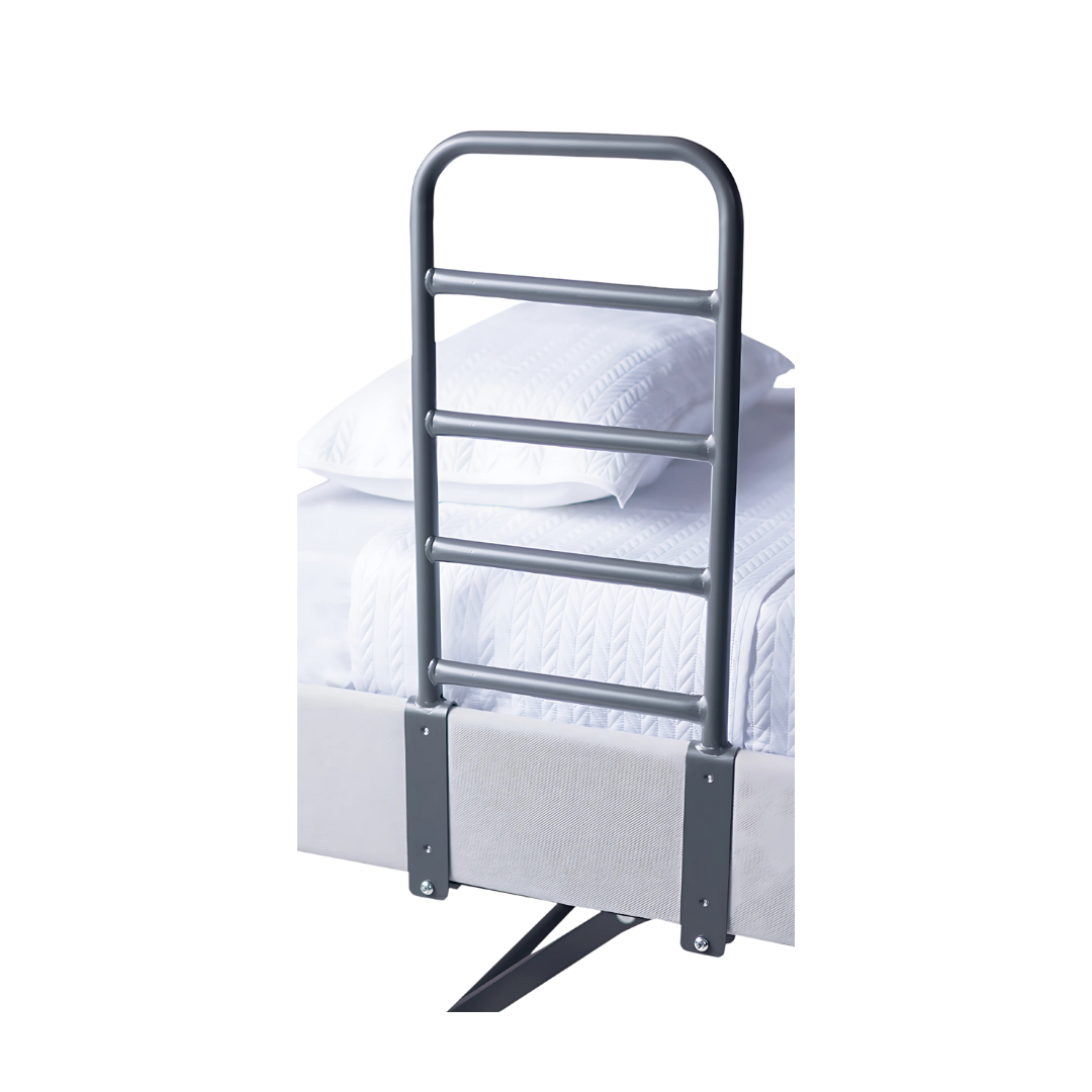 Royale Multi-Motion Tall Side Rail shown clamped to adjustable bed, featuring tall profile and multi-position functionality for enhanced safety and support.