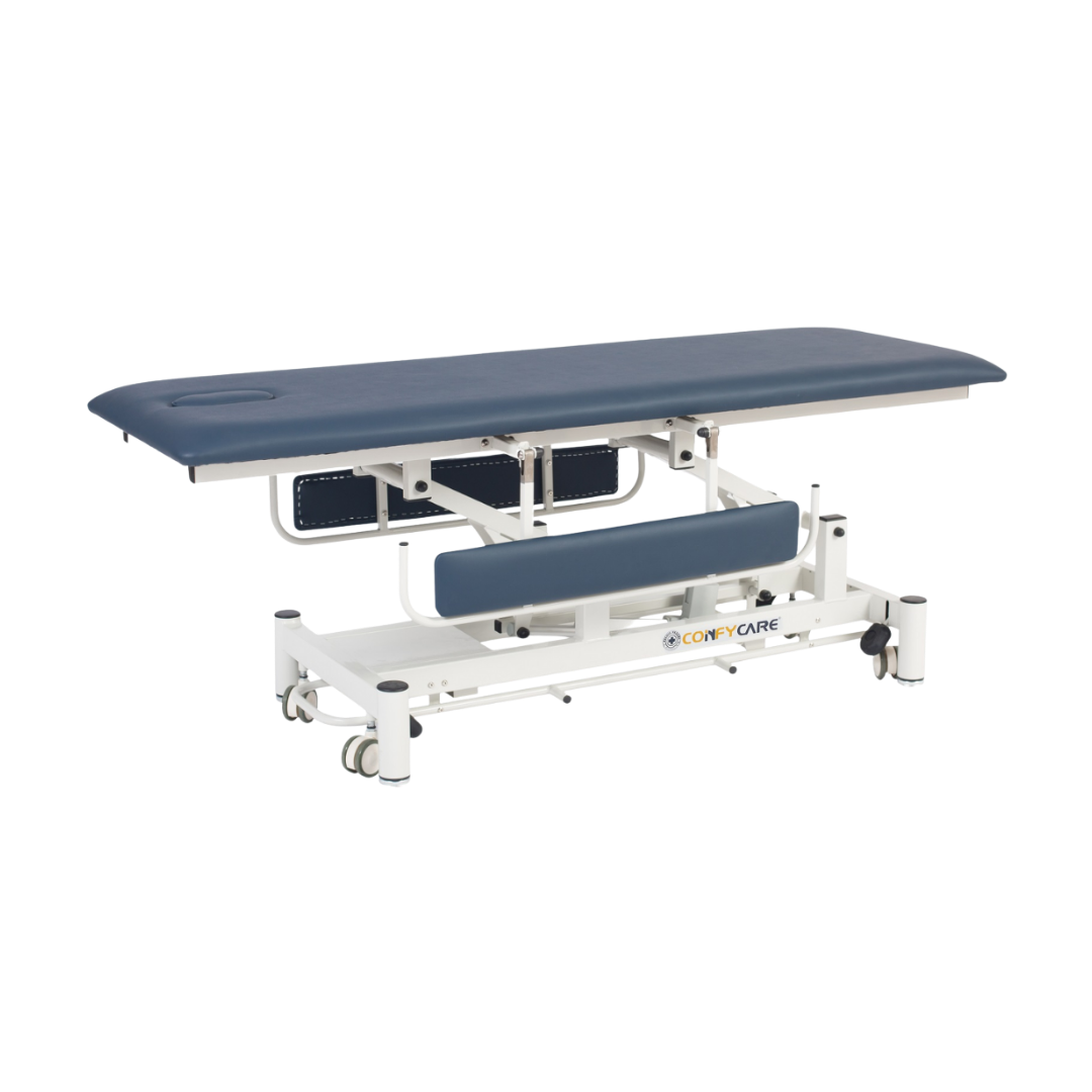 Single section medical treatment couch with safety side rails, durable steel frame, and wipe-clean vinyl surface, designed for patient care in hospitals, clinics, and aged care facilities.