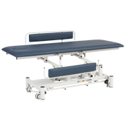 Single section medical treatment couch with safety side rails, durable steel frame, and wipe-clean vinyl surface, designed for patient care in hospitals, clinics, and aged care facilities.