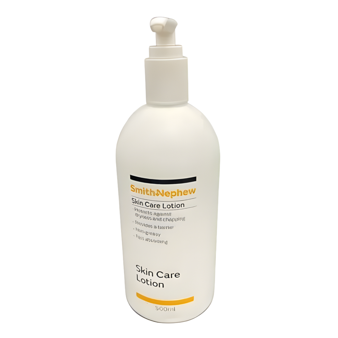 A 500ml bottle of Smith & Nephew Hospital Skin Care Lotion designed for gentle, everyday moisturising in clinical and home care settings. The white bottle features a pump dispenser for easy application and is formulated to help maintain skin hydration and support fragile or sensitive skin.