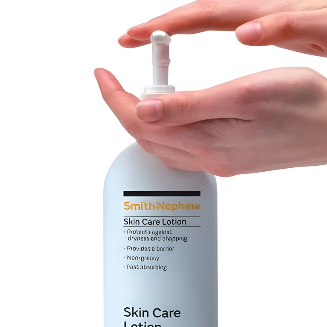 A 500ml bottle of Smith & Nephew Hospital Skin Care Lotion designed for gentle, everyday moisturising in clinical and home care settings. The white bottle features a pump dispenser for easy application and is formulated to help maintain skin hydration and support fragile or sensitive skin.
