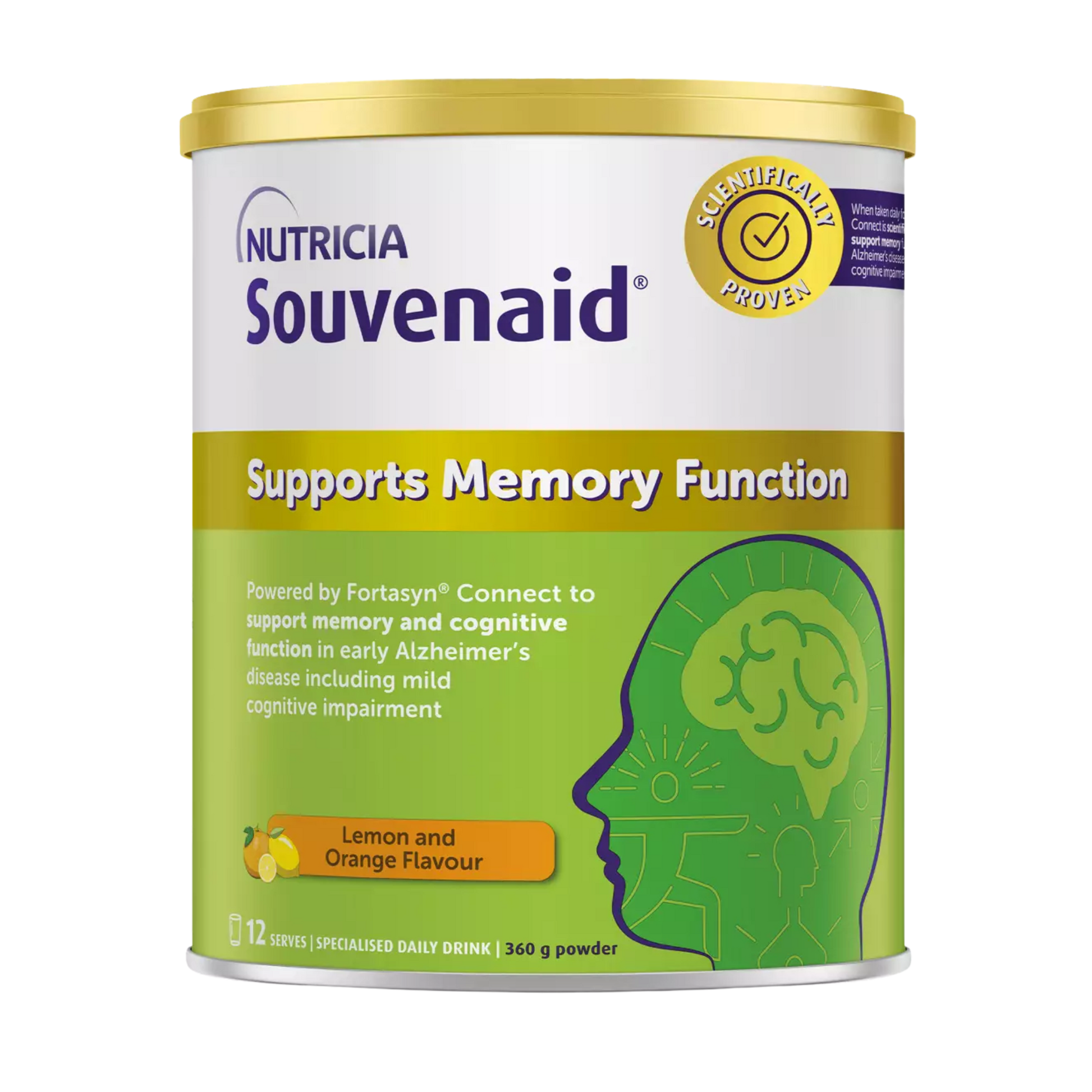 Nutricia Souvenaid 360g powdered nutritional drink in Lemon-and-Orange flavor, formulated with Fortasyn Connect to support memory function and cognitive health in early Alzheimer's and mild cognitive impairment. The can features a gold lid, green and white packaging, and scientifically proven claims for brain support.