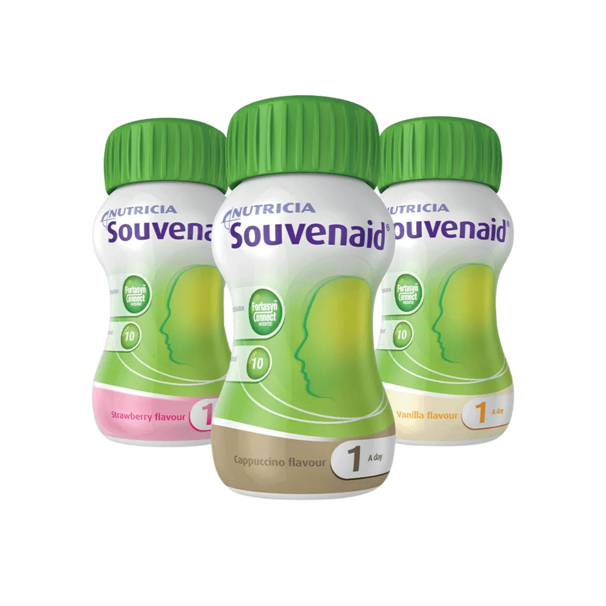 Three bottles of Nutricia Souvenaid on a white background