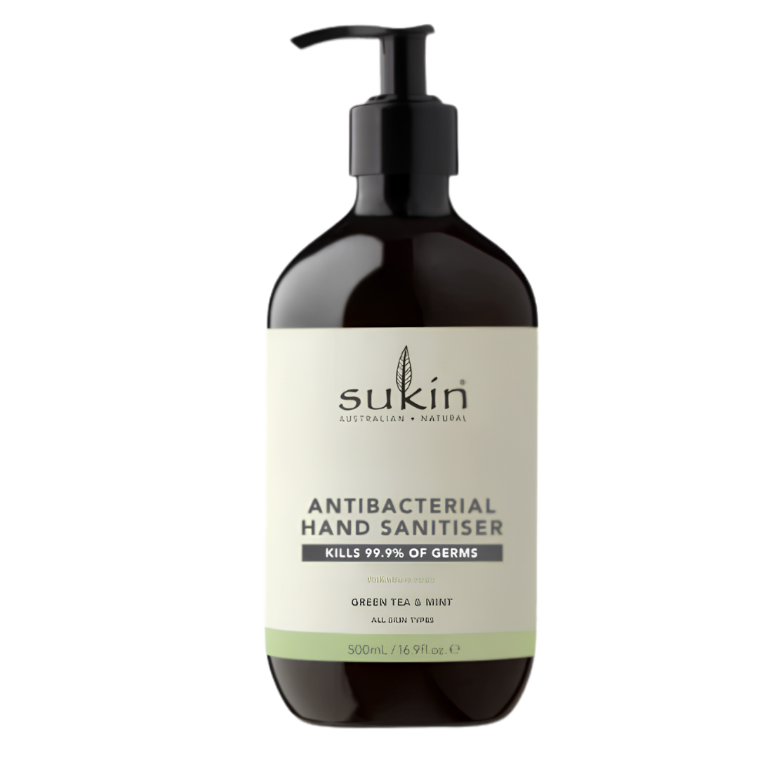Sukin Antibacterial Hand Sanitiser Green Tea & Mint 500ml, kills 99.9% of germs with a refreshing scent, gentle on skin for daily hand hygiene use.