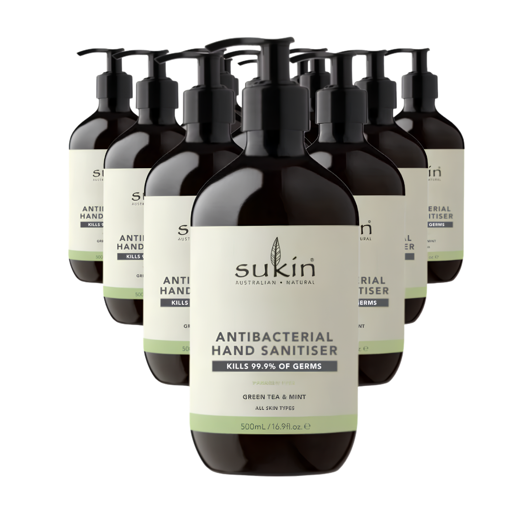 Sukin Antibacterial Hand Sanitiser Green Tea & Mint 500ml, kills 99.9% of germs with a refreshing scent, gentle on skin for daily hand hygiene use.