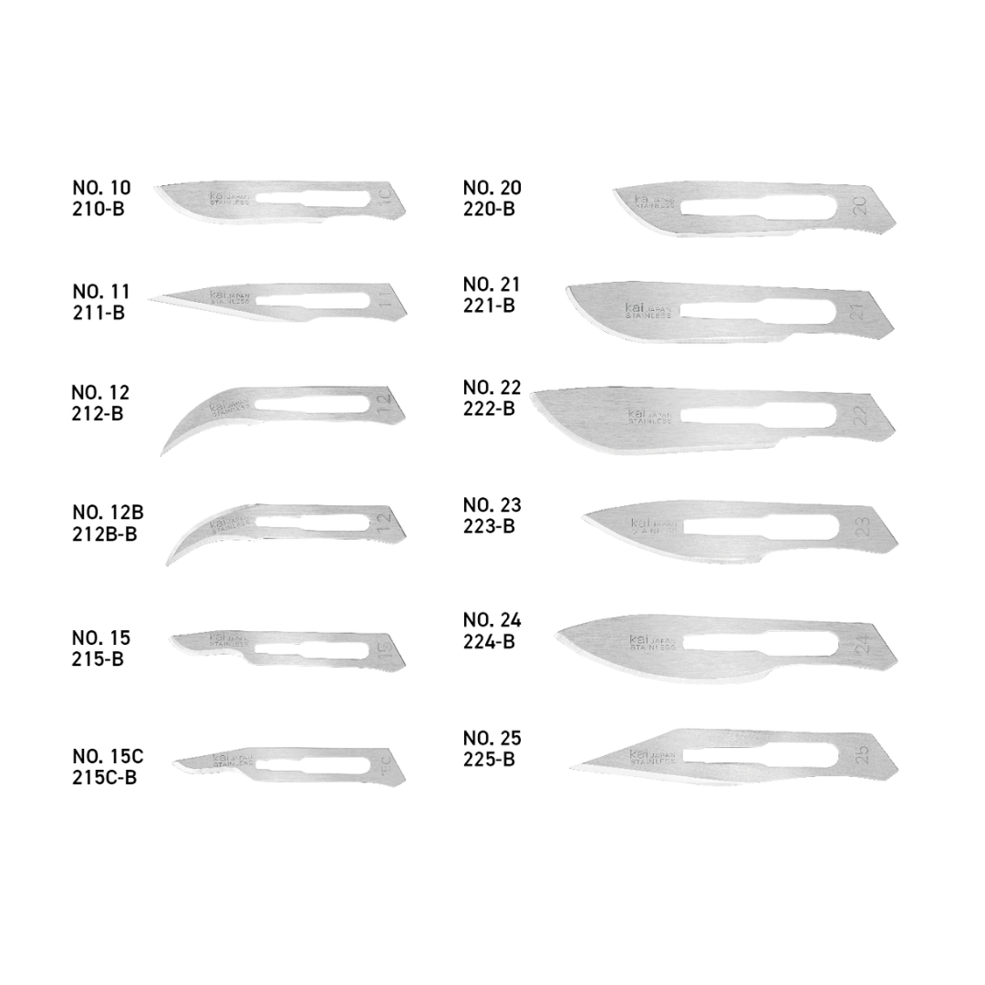 Assorted surgical blades in sizes No. 10, 11, 12, 12B, 15, 15C, 20–25. Made from stainless steel for durability and precision in surgical applications.
