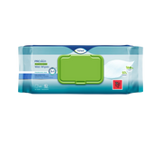 Blue and white pack of TENA ProSkin 3-in-1 Fragrance-Free Plastic-Free Wet Wipes, featuring a green resealable lid, 100% plant-based fibers callout, and XL size (30x20cm) indicator on a transparent background.