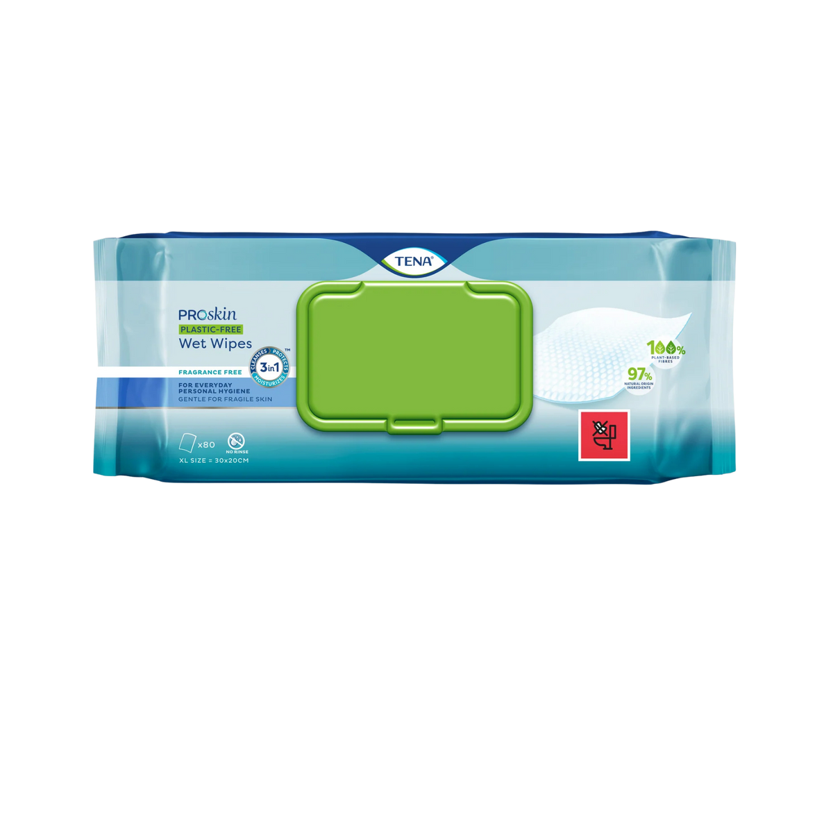 Blue and white pack of TENA ProSkin 3-in-1 Fragrance-Free Plastic-Free Wet Wipes, featuring a green resealable lid, 100% plant-based fibers callout, and XL size (30x20cm) indicator on a transparent background.