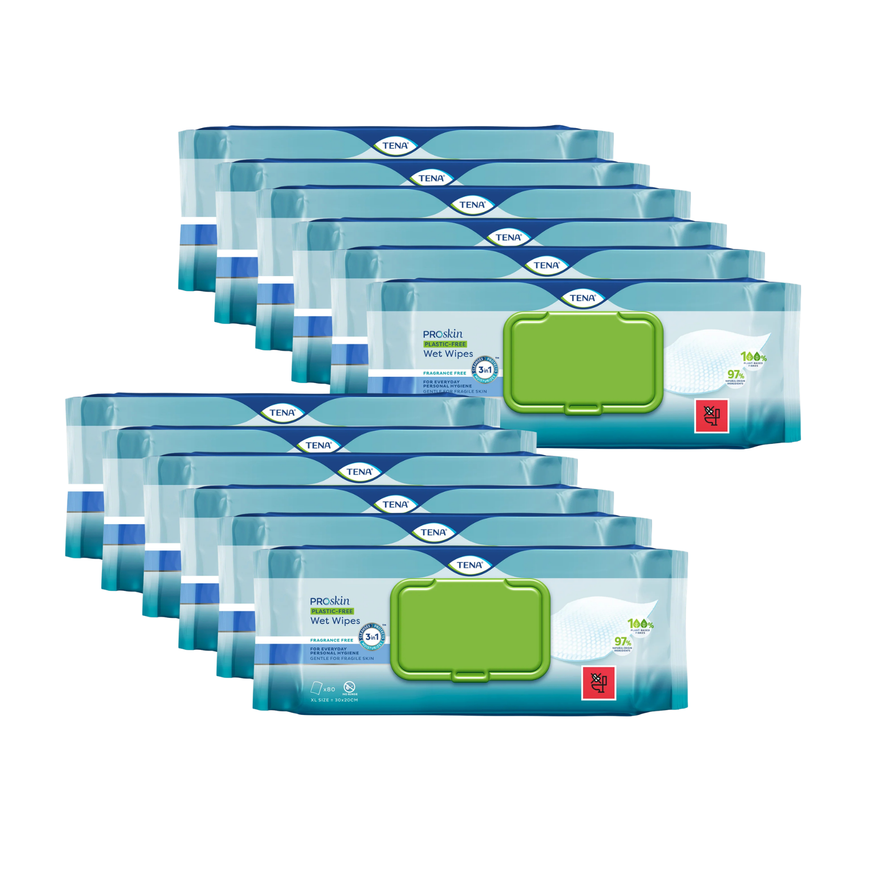 Bulk carton quantity display featuring 12 blue and white packs of TENA ProSkin Plastic-Free Wet Wipes arranged in two stepped rows on a transparent background.