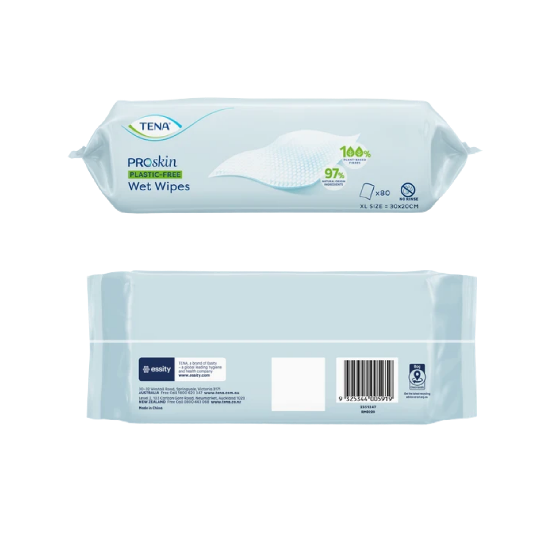 Front and back packaging layout of TENA ProSkin Plastic-Free Wet Wipes 80-pack, displaying product details, barcode, manufacturer information, and 100% plant-based fibers callout on a transparent background.