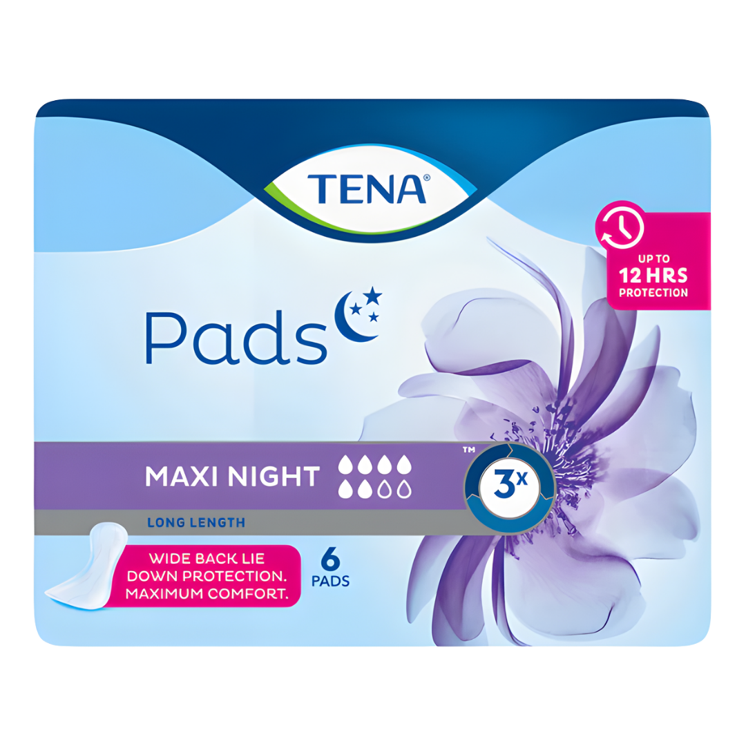 TENA Pads Maxi Night Wide Back Long Length provide discreet, secure overnight protection for moderate to heavy bladder leakage with extra coverage and comfort.