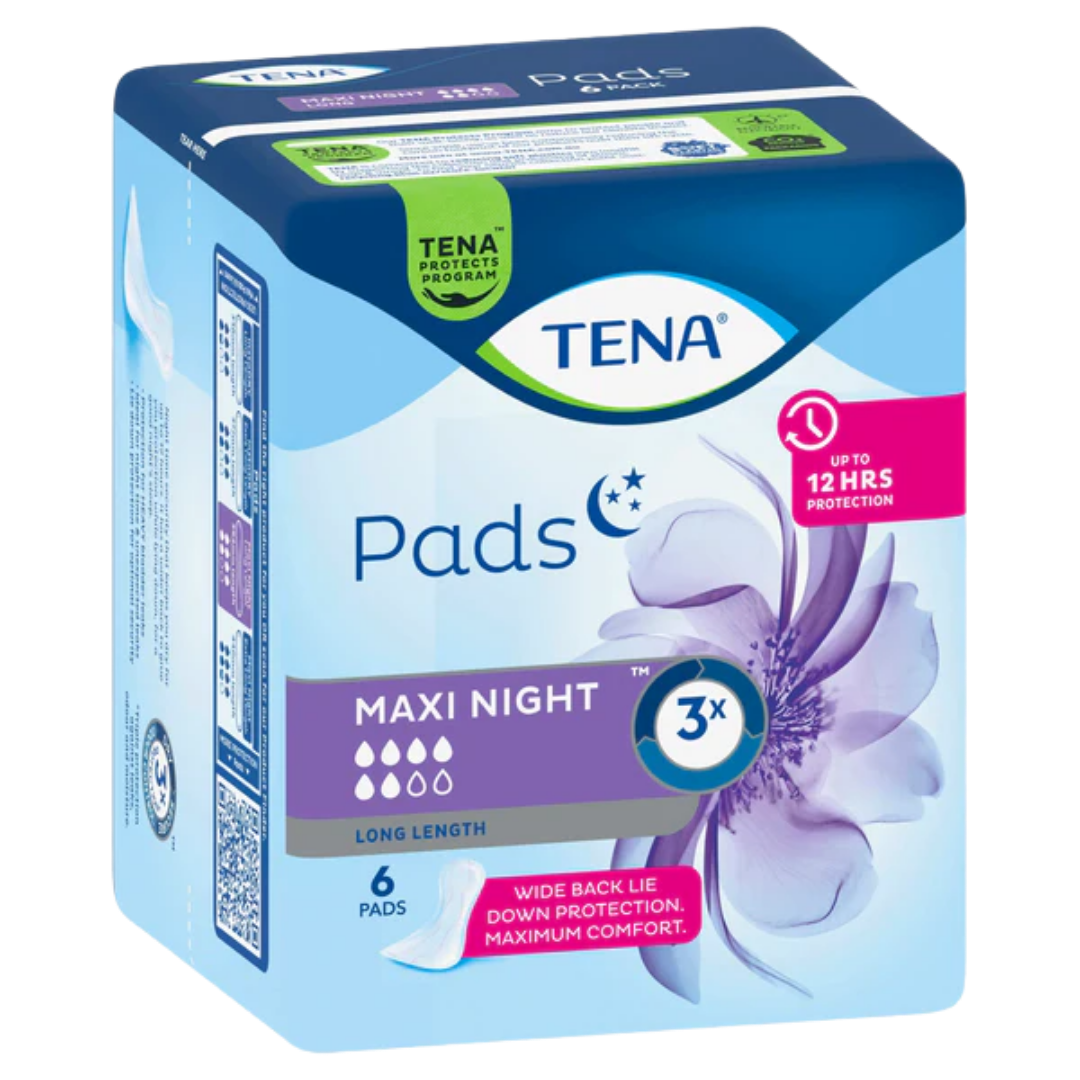 TENA Pads Maxi Night Wide Back Long Length provide discreet, secure overnight protection for moderate to heavy bladder leakage with extra coverage and comfort.