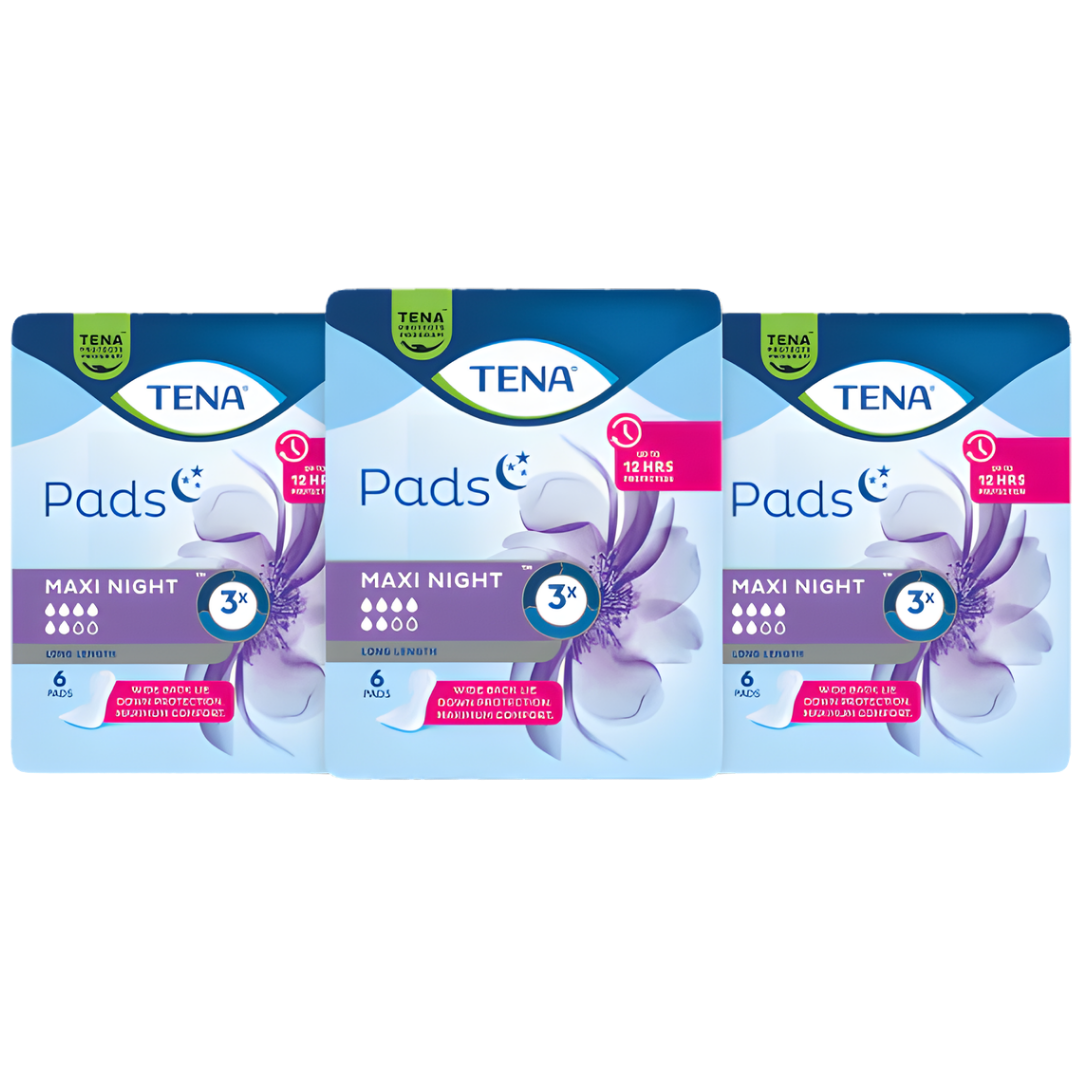 TENA Pads Maxi Night Wide Back Long Length provide discreet, secure overnight protection for moderate to heavy bladder leakage with extra coverage and comfort.