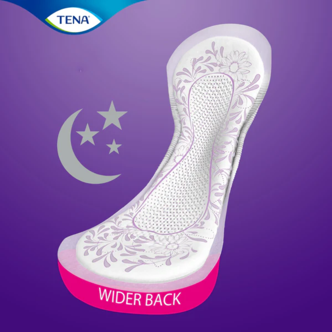 TENA Pads Maxi Night Wide Back Long Length provide discreet, secure overnight protection for moderate to heavy bladder leakage with extra coverage and comfort.