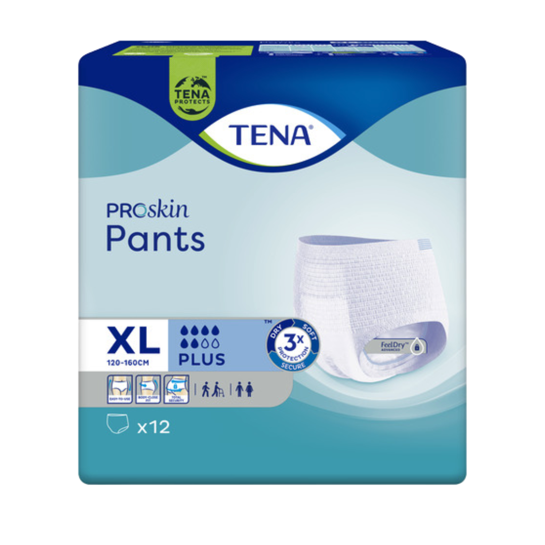 TENA ProSkin Pants Plus Extra Large pull‑up underwear providing soft, breathable, high‑absorbency protection for adults managing moderate to heavy incontinence.