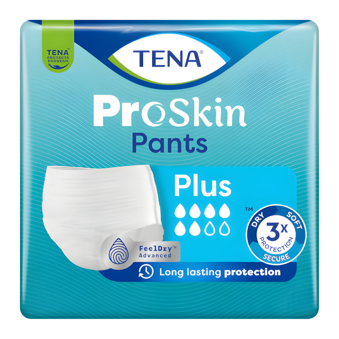Soft, breathable TENA ProSkin Pants Plus pull-up underwear providing secure, comfortable protection for moderate to heavy incontinence in multiple adult sizes.