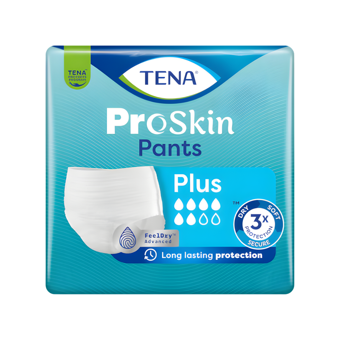 Soft, breathable TENA ProSkin Pants Plus pull-up underwear providing secure, comfortable protection for moderate to heavy incontinence in multiple adult sizes.