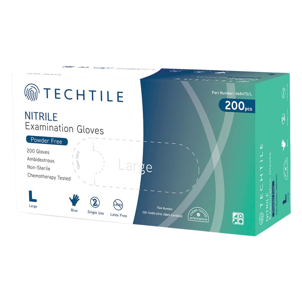 Blue Techtile nitrile powder‑free chemo‑rated examination gloves in multiple sizes, providing durable chemical resistance and reliable protection for clinical use.