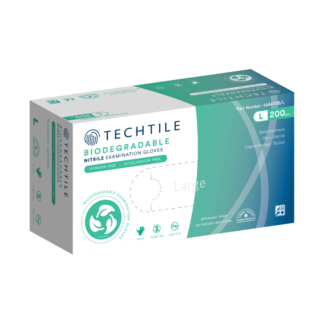 Blue Techtile nitrile powder‑free chemo‑rated examination gloves in multiple sizes, providing durable chemical resistance and reliable protection for clinical use.