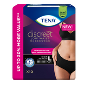 TENA Pants Women Discreet Noir Large – black, absorbent incontinence underwear with feminine fit, triple protection, and breathable fabric.