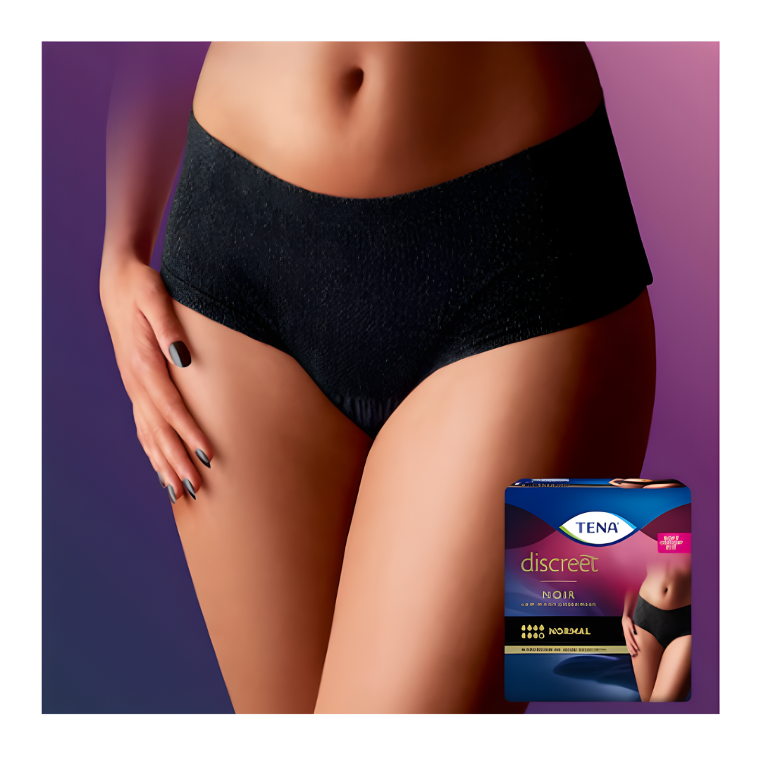 TENA Pants Women Discreet Noir Medium – black, absorbent pull-up incontinence underwear with a feminine fit and soft, breathable fabric.