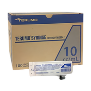 Box of Terumo 10 mL syringes without needles, with a single packaged syringe in front.
