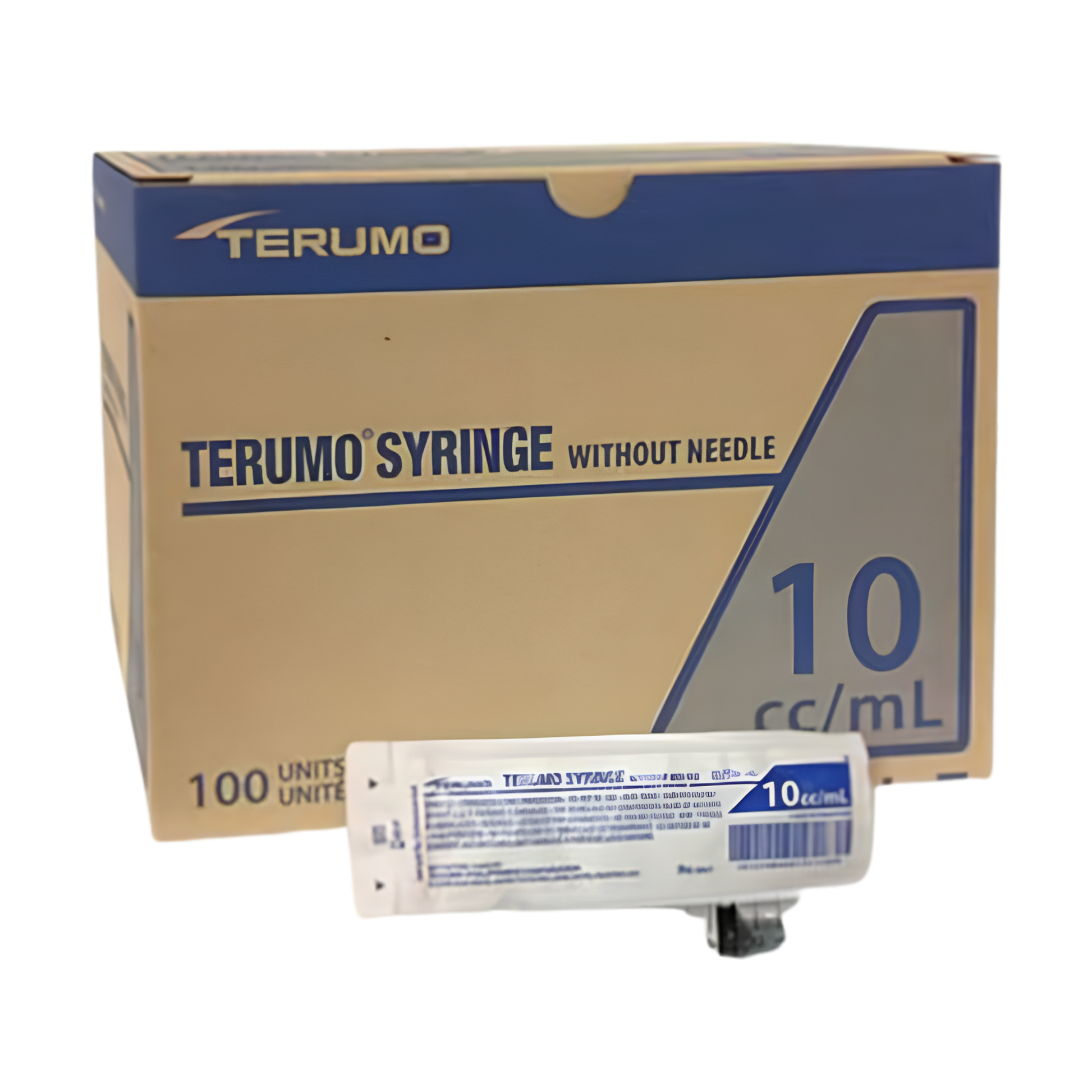 Box of Terumo 10 mL syringes without needles, with a single packaged syringe in front.
