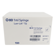 BD 1ml syringe box with Luer-Lok tip, sterile medical syringes, 100 count packaging.