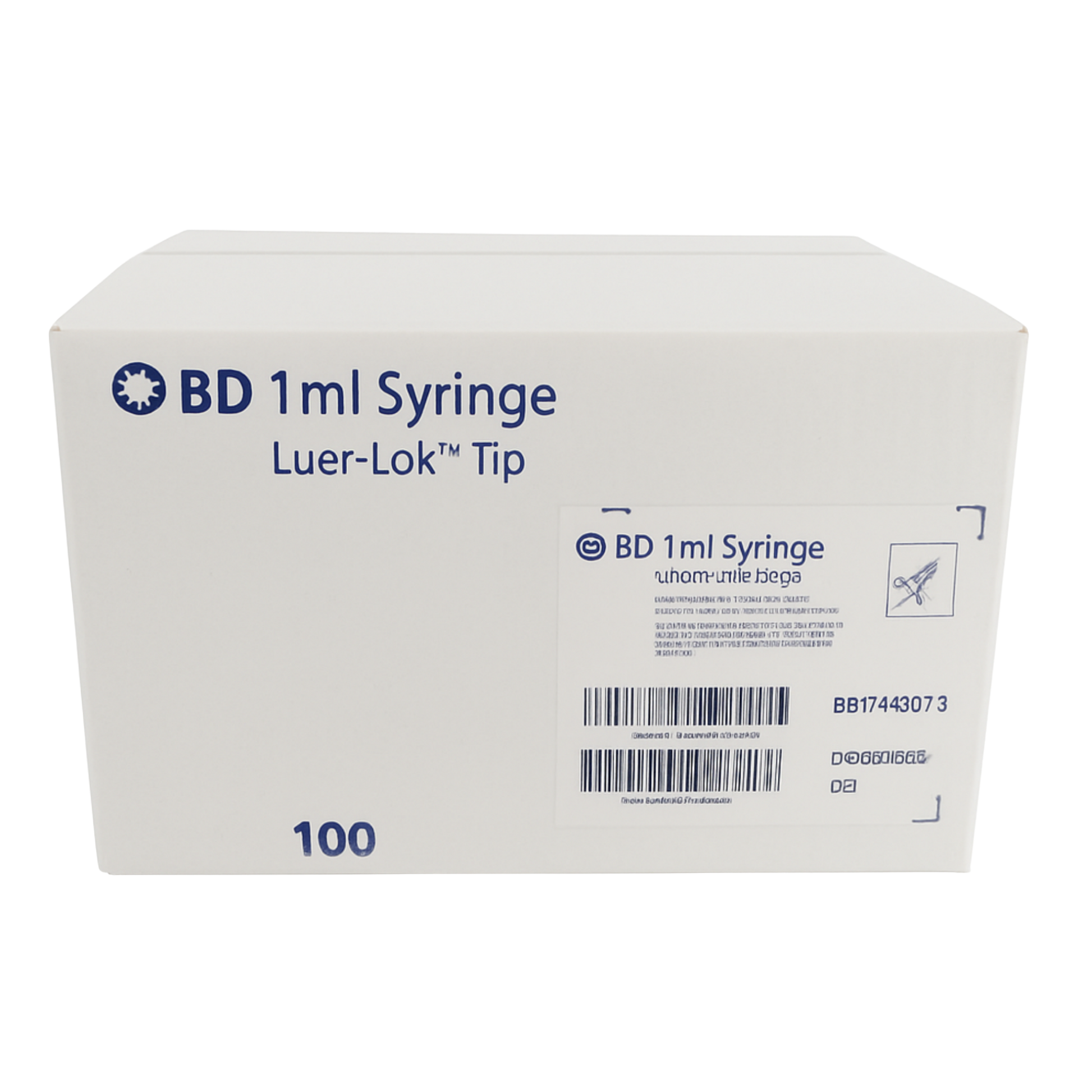 BD 1ml syringe box with Luer-Lok tip, sterile medical syringes, 100 count packaging.